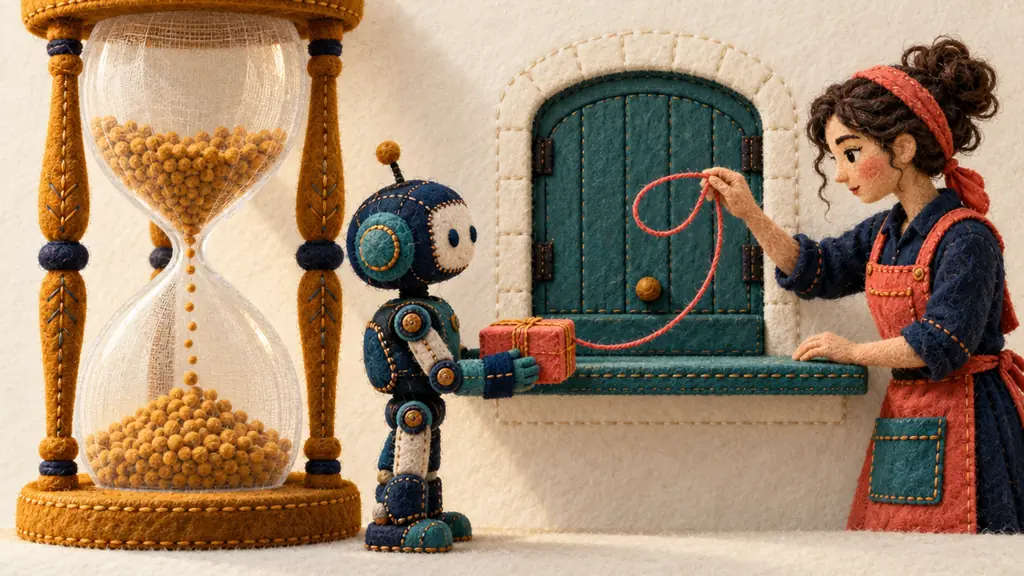A mechanical assistant waits with a parcel beside a large hourglass while a human stops a looping delivery thread.