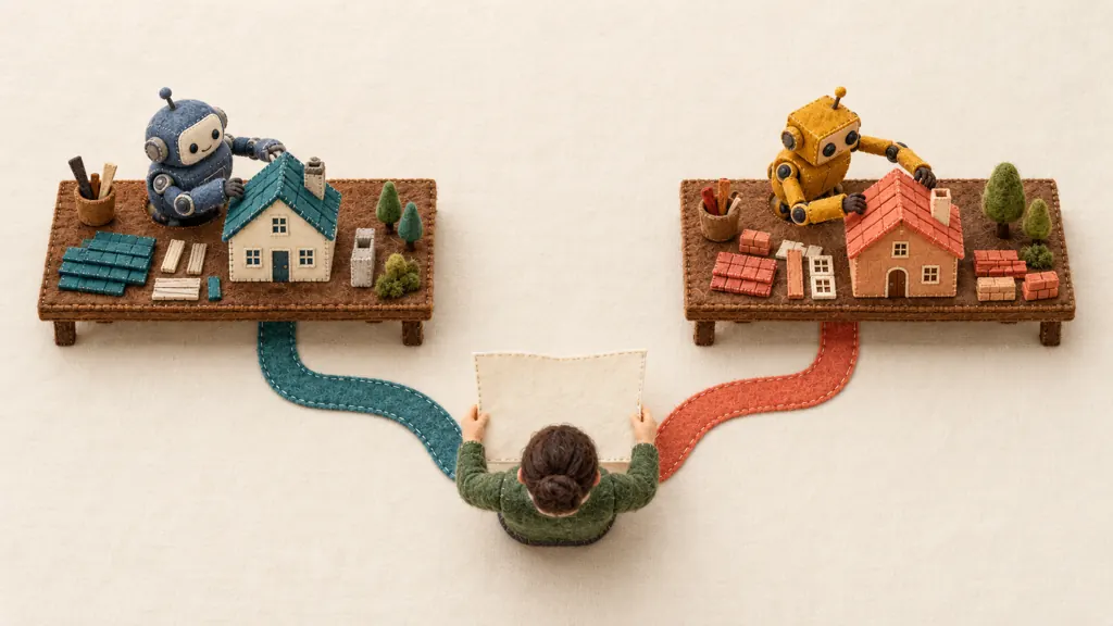 Two mechanical assistants build different models on separate felt workbenches connected to one project manager.