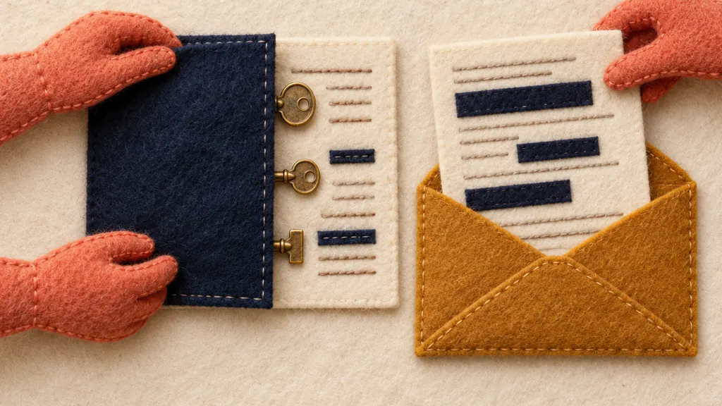 Felt hands cover brass keys in a report with opaque cloth before placing a reviewed copy in an outgoing envelope.