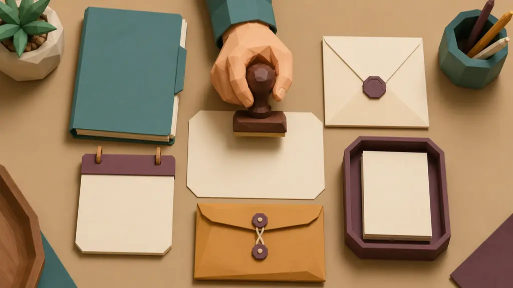 A human hand holds an approval stamp above blank meeting notes, a sealed email, a calendar pad, a task tray and an evidence folder.