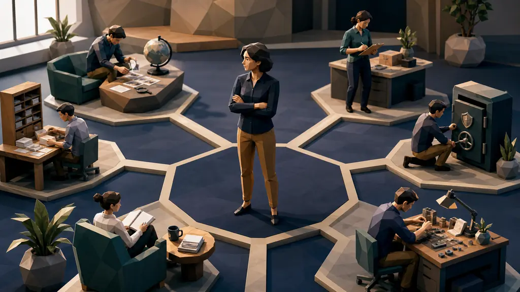 An operations lead oversees six connected work areas where autonomous agents handle research, sales, secure access, software, meetings and safety.