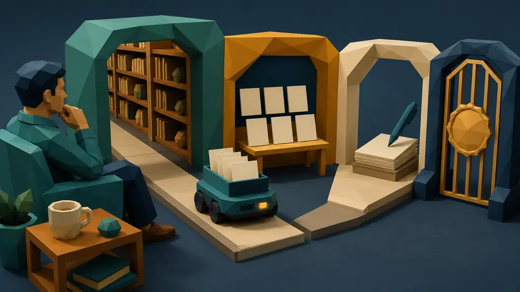 A knowledge worker watches a small autonomous cart carry blank research materials through web-research stages toward a human approval gate.