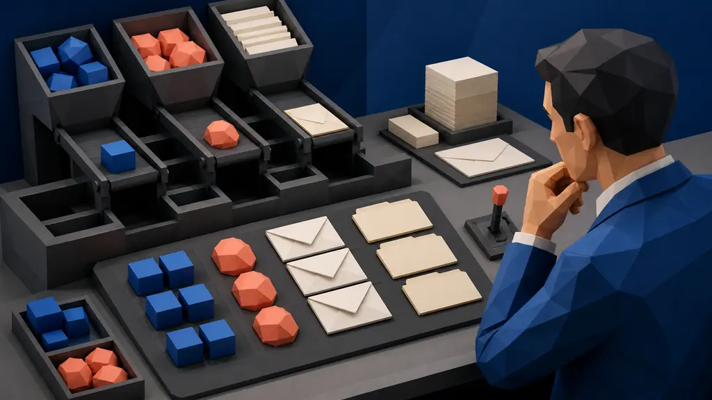 A sales lead reviews blank folders, sealed envelopes and colored deal blocks assembled by an autonomous sorting system before using an approval lever.