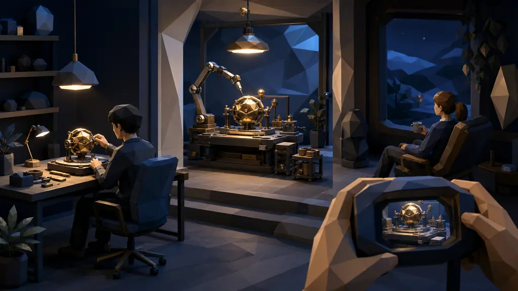 A developer observes one persistent mechanical software workshop from a local desk, a remote room and a handheld remote view.