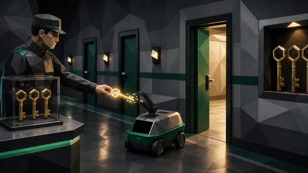 A security officer issues one short-lived physical key to an autonomous task cart for a single open doorway while master keys remain locked away.
