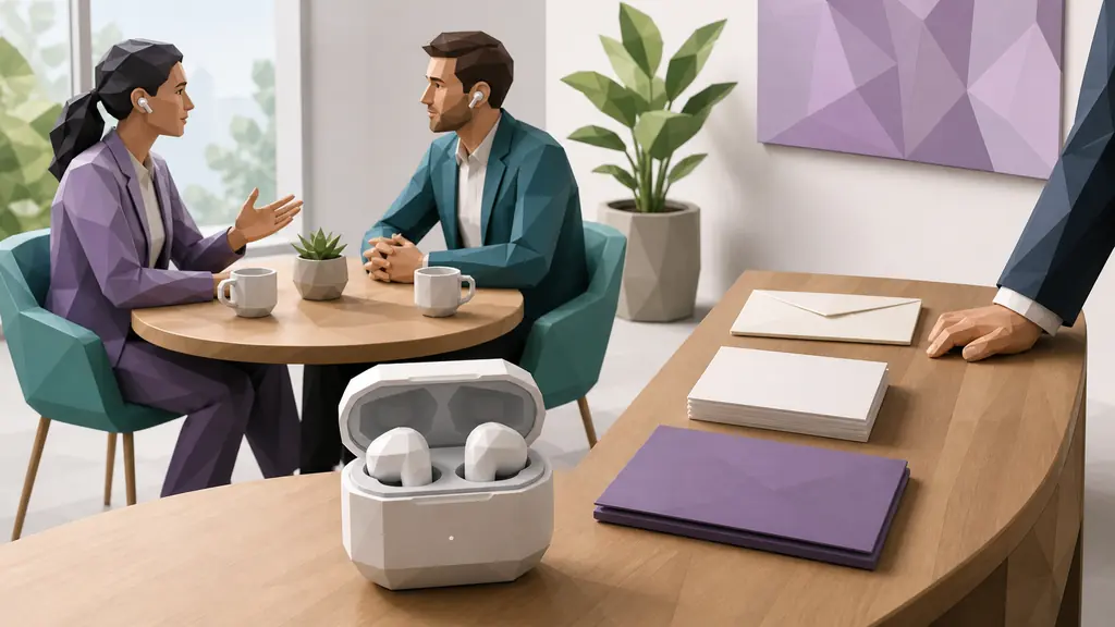 Two professionals wearing wireless earbuds talk beside a charging case while blank follow-up materials wait at a separate human review station.
