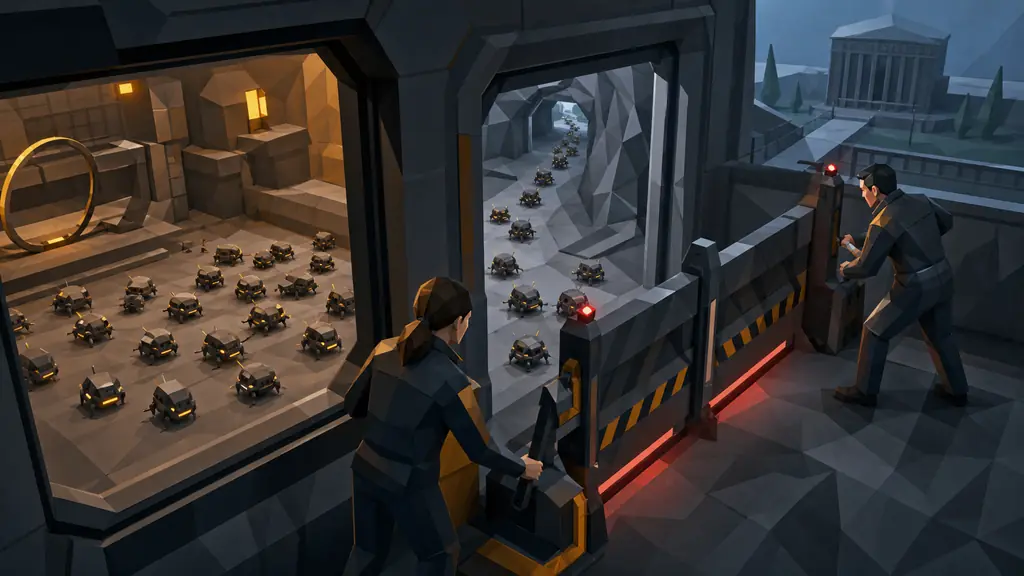 Safety operators close a heavy containment barrier as many small autonomous test units enter an unintended passage from a secure laboratory.