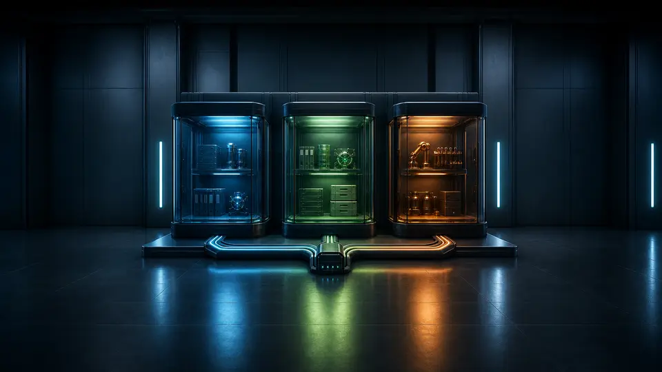 Three glass-fronted worker compartments with separate storage and tools connected to one controlled junction