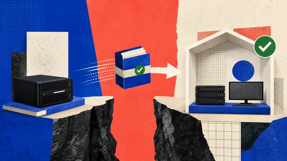 Digital collage showing a sealed backup crossing from a live machine to a disconnected recovery environment