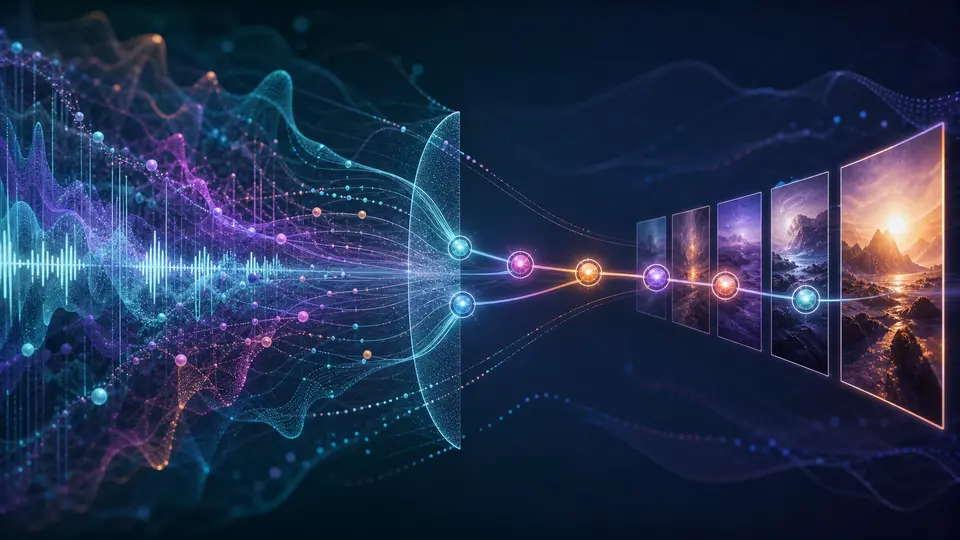 Iridescent audio fields narrowing into a small sequence of selected video frames