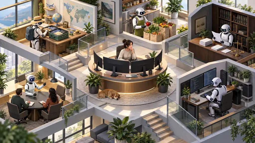 A human operator at a central desk supervises coordinated assistants handling travel, shopping, legal review, meetings and software work in one structured workspace.