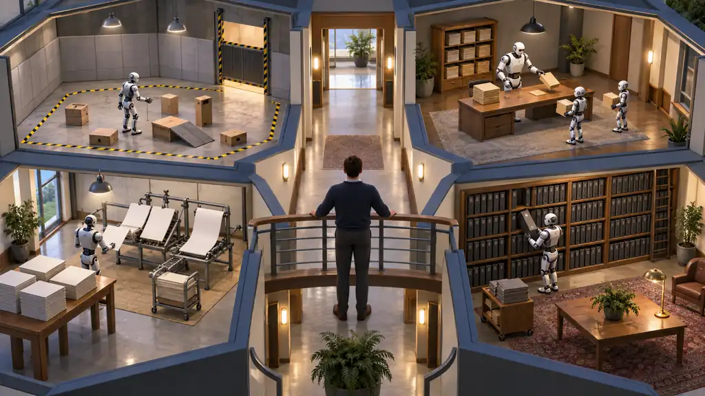 An operator supervises a coordinated team of assistants, a live browser workspace and a searchable meeting archive from one control room.