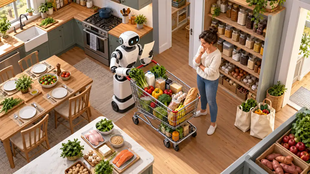A household grocery assistant turns a handwritten list and dinner plan into an organized cart while a shopper checks the budget.