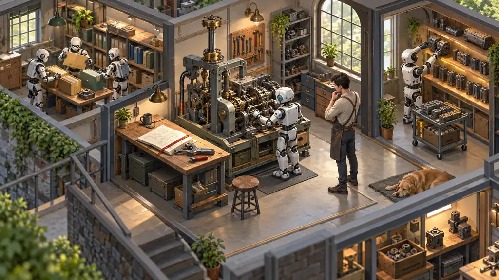 A software agent resumes an interrupted task at the exact checkpoint while a developer verifies the restored work and tool record.