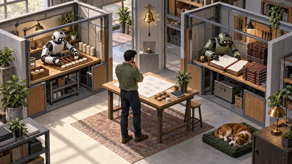 A developer oversees parallel coding workstations with visible progress budgets, a failure journal and a clear approval checkpoint.