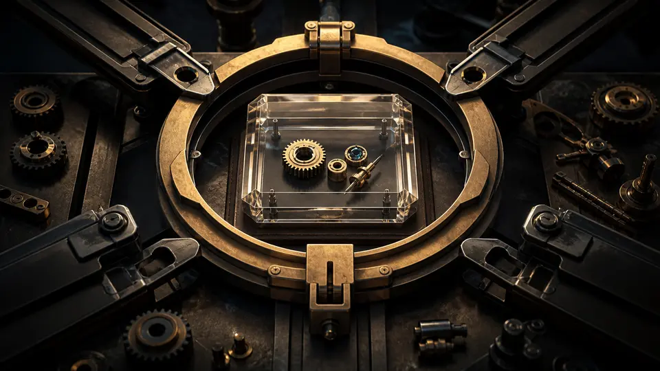 A sealed crystal packet holds a small set of approved design parts while larger mechanical tools remain outside a narrow brass boundary