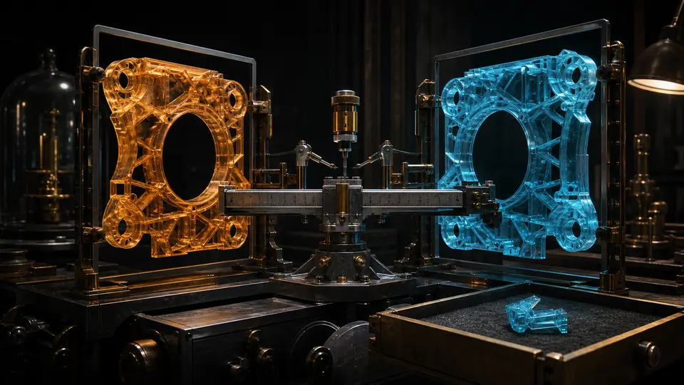 Amber and cyan transparent design frames are measured side by side while an unexpected fragment is diverted into a quarantine tray