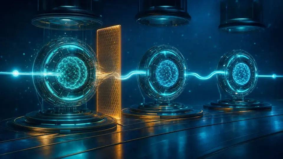 A luminous request encountering a guarded primary model core before continuing through two ordered fallback cores