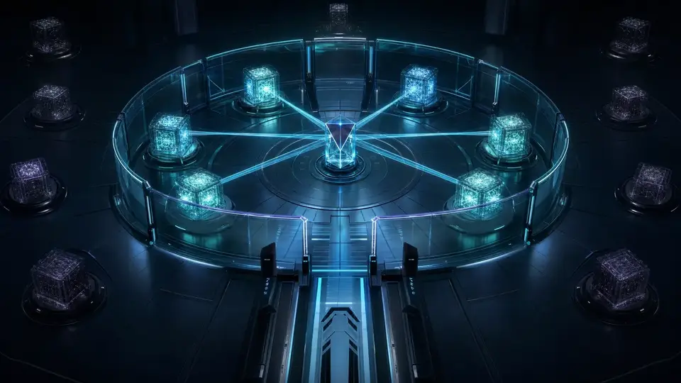 A central request router connected only to approved luminous model cores inside a guarded circular boundary