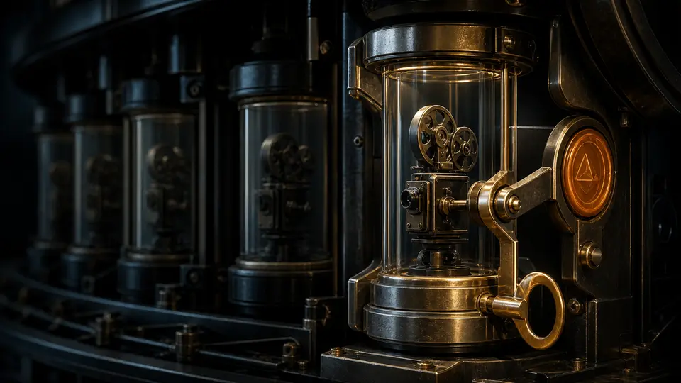 A private video capsule waits behind a final illuminated publication lever while duplicate paths remain mechanically locked.