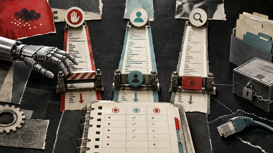 Three controlled lanes for a code review action: ready, waiting for human review, and blocked before execution