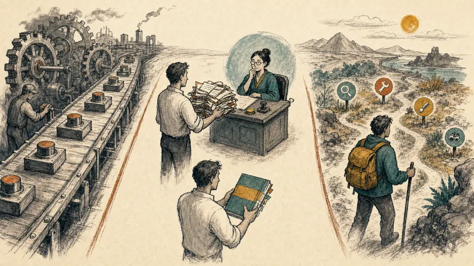 Three hand-drawn lanes showing a fixed mechanical workflow, a bounded judgment desk, and an explorer choosing tools