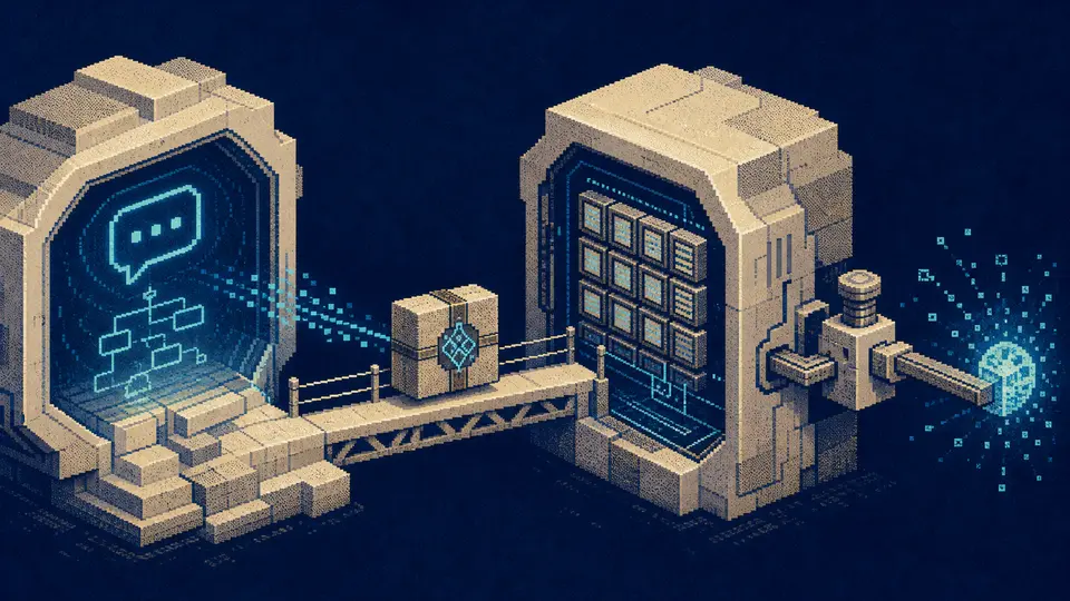 A sealed pixel-art work packet crosses a narrow bridge from a conversational chamber into a durable workflow ledger and external actuator