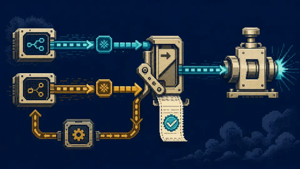 Two pixel-art retry paths approach one external actuator while a one-way latch accepts the cyan path and diverts the amber duplicate into reconciliation