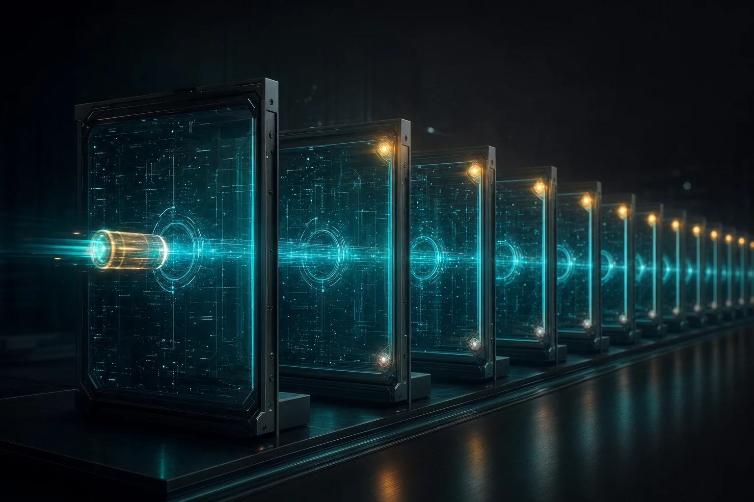 Editorial illustration of one long-running MCP request carrying a unique glowing progress token through a sequence of verified updates