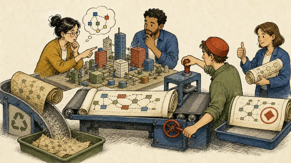 A team compares an evolving software model with a knowledge graph at a freshness checkpoint