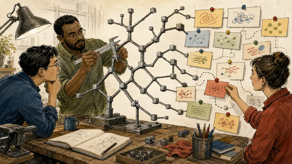 Engineers measure a rigid dependency structure while reviewing removable interpretation cards
