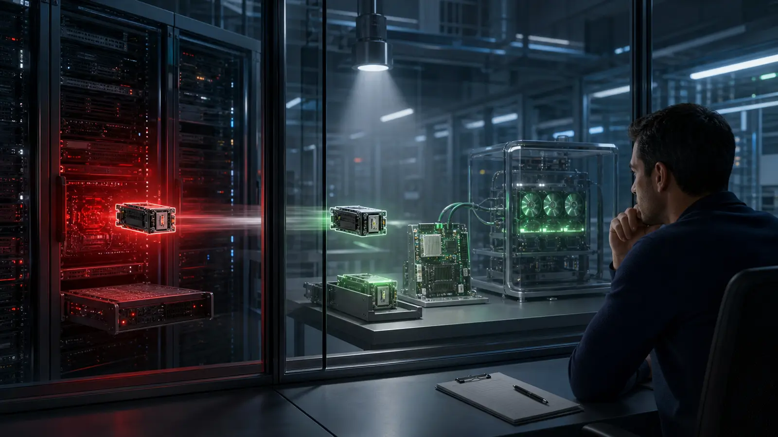 An on-call engineer watching a faulty server component be reproduced and tested safely behind glass.