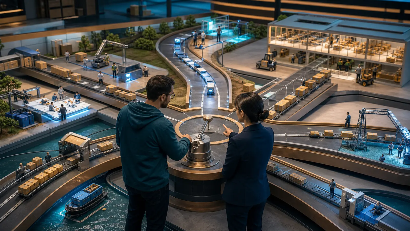 A developer and operations manager controlling a checkpoint where several automated logistics lanes converge.