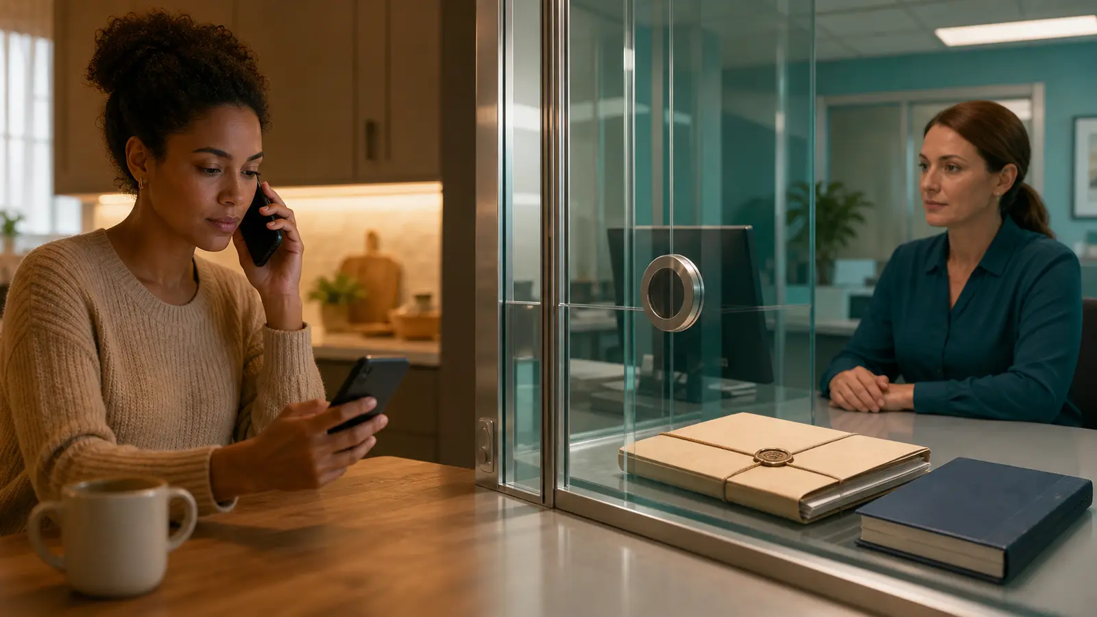 A caller confirms her identity while a sealed record remains behind glass with a human reviewer.