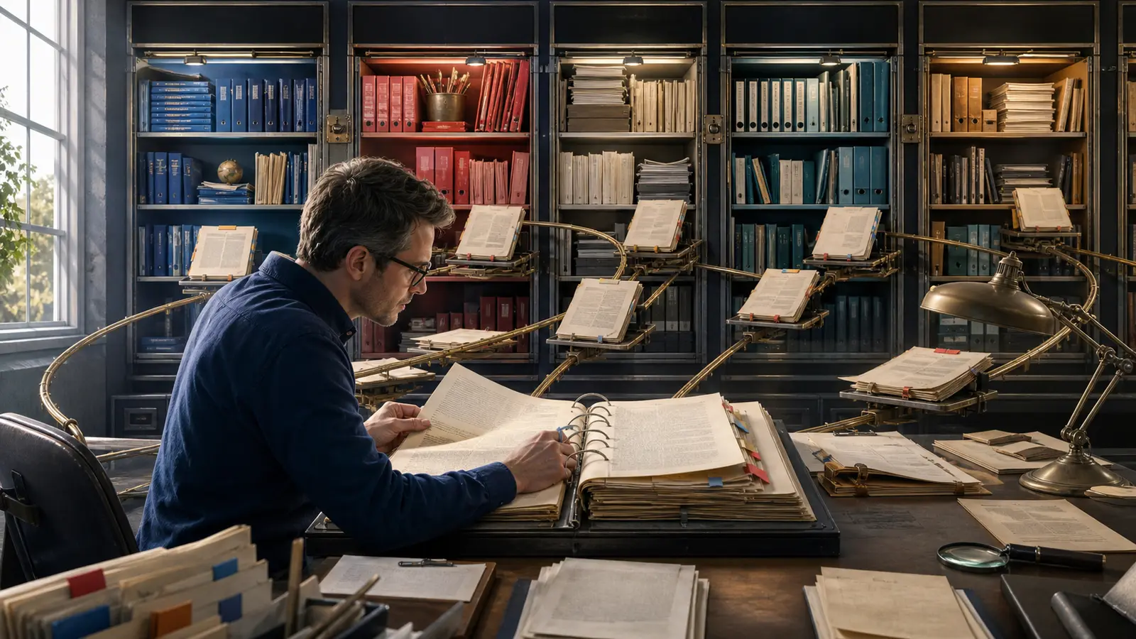 A researcher maintaining a central binder as updated source pages move in from several archive shelves.