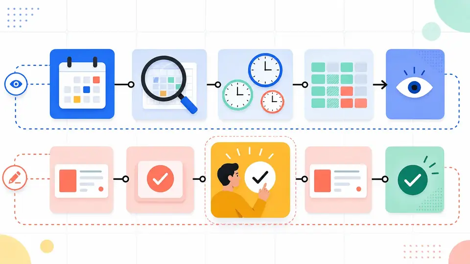 Two separate calendar automation lanes: read-only observation above and a reviewed event commit below
