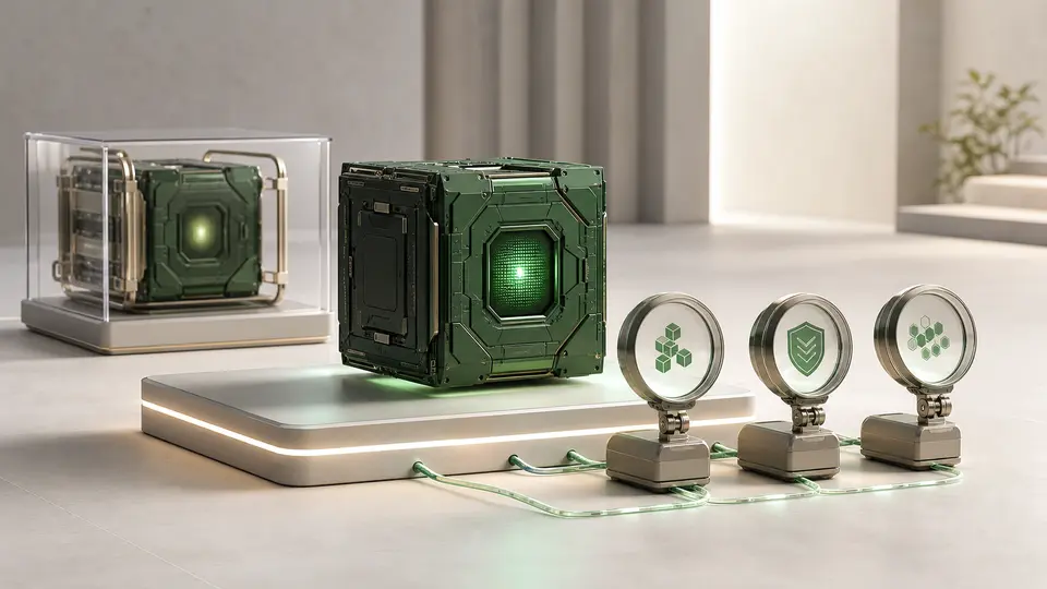 A newly installed green system core connected to three inspection instruments while the prior core remains protected in a recovery cradle