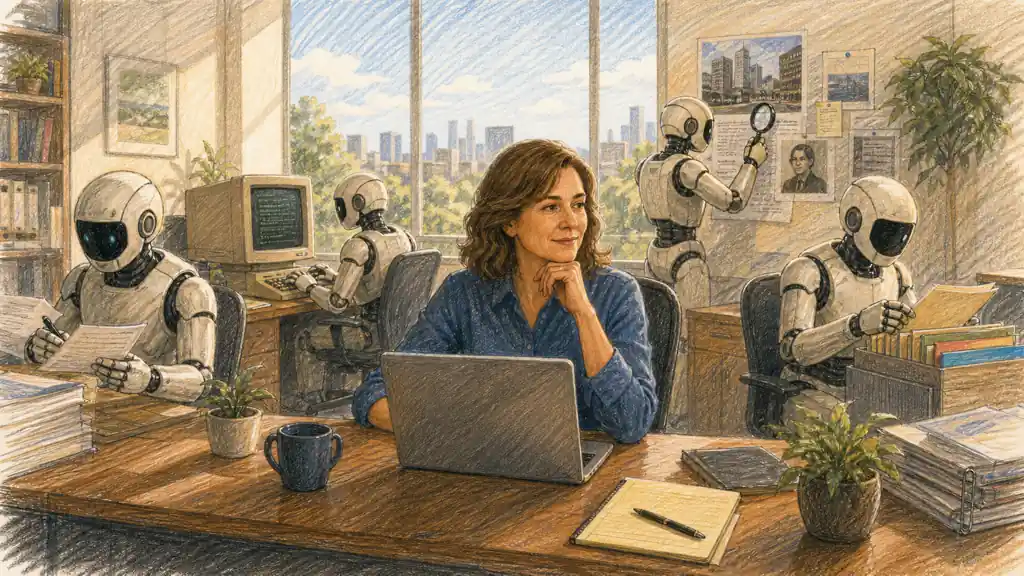 A human operator supervises several agents completing document, browser, research and planning work.