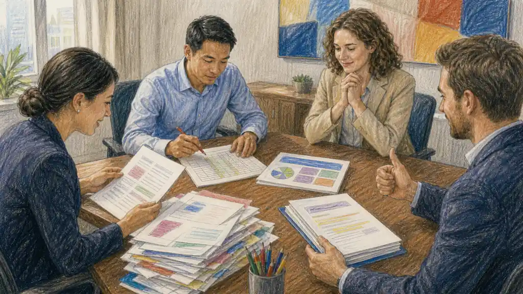 A business team reviews proposal, spreadsheet, presentation and email work prepared from connected company knowledge.