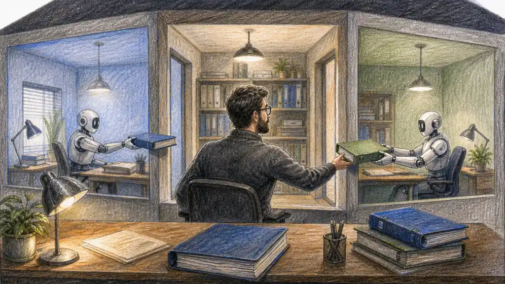 A developer supervises connected coding-agent workrooms that share project context and exchange completed work.