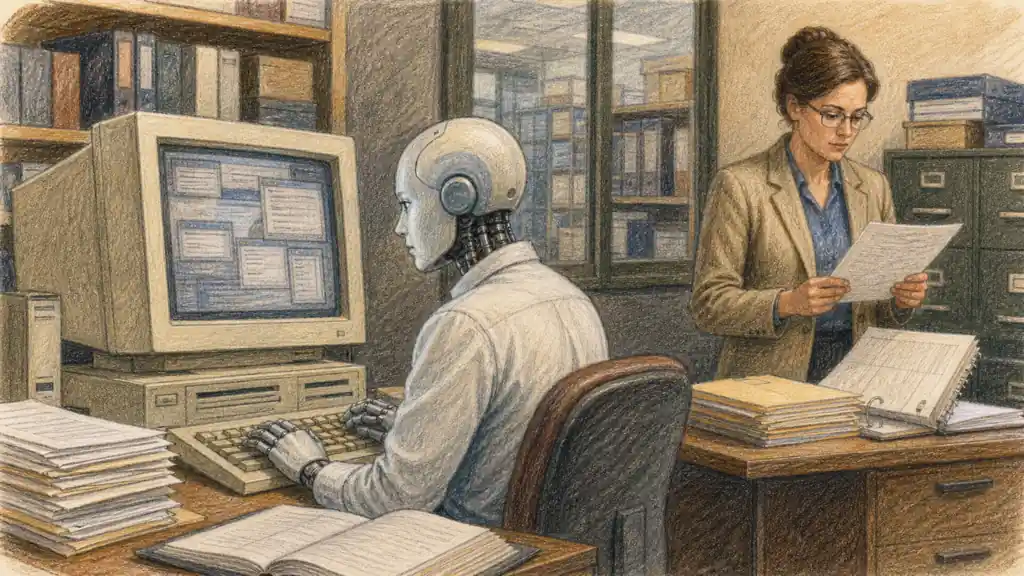 A supervised browser agent works through a legacy insurance system while an operator checks the approval record.