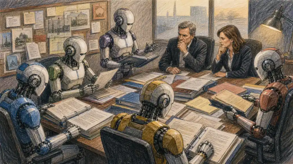 Specialized agents examine acquisition evidence and present a cited due-diligence packet to human deal leaders.