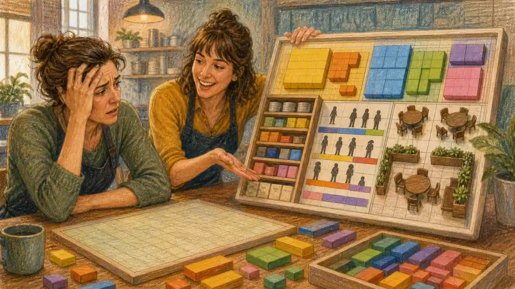 Two small-business owners turn a blank grid into an organized inventory, staffing and seating plan.