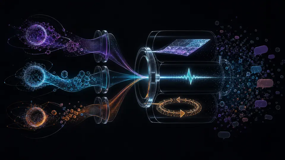 Three candidate work orbits pass through one evidence lens that preserves a diff, test signal, and correction loop while decorative chat noise disperses