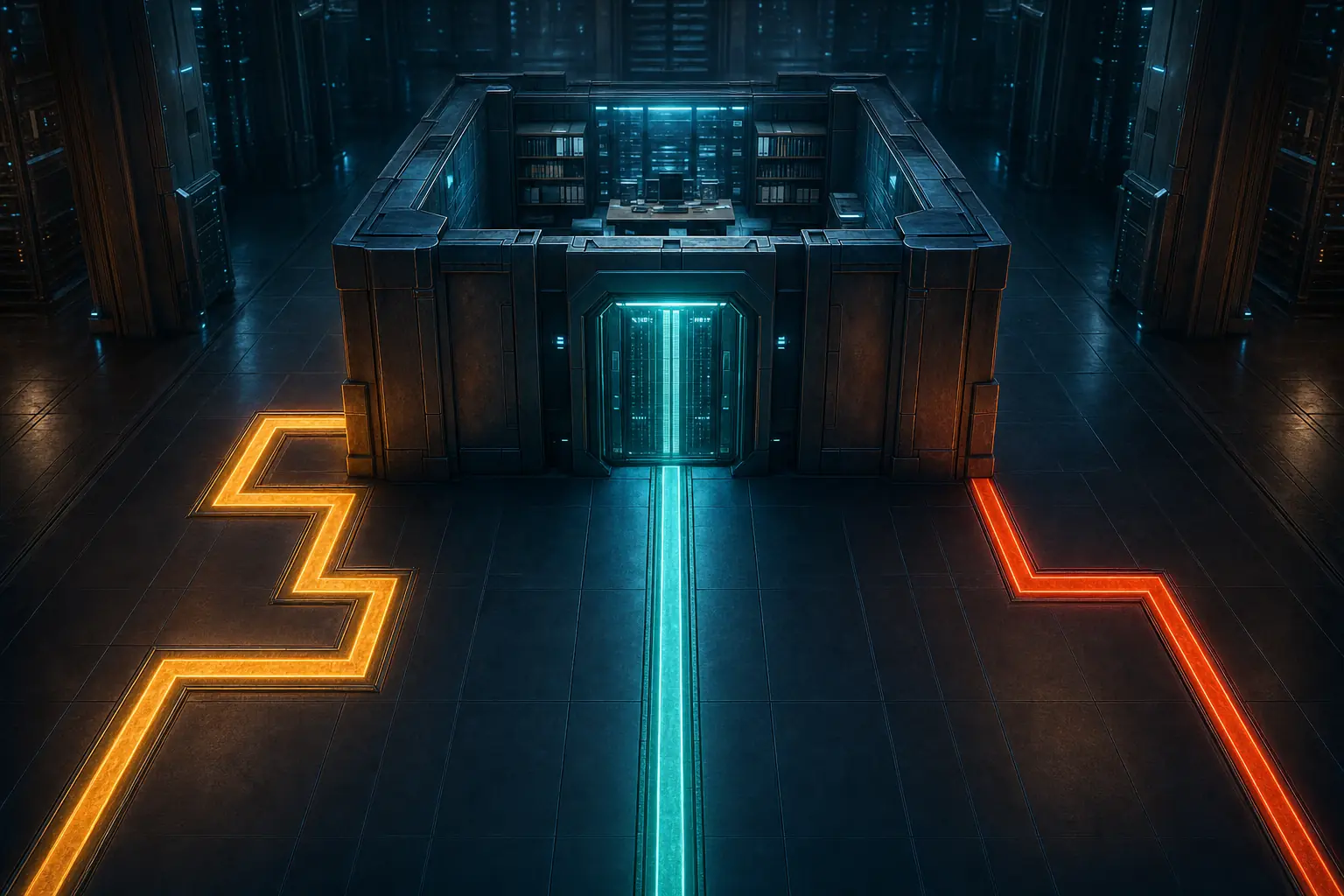 Editorial illustration of traversal and symlink paths being stopped at a protected project workspace boundary while valid paths continue inside