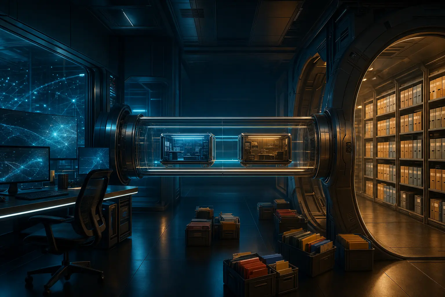 Editorial illustration of an AI application exposing two approved project workspaces to an MCP filesystem server through one controlled boundary