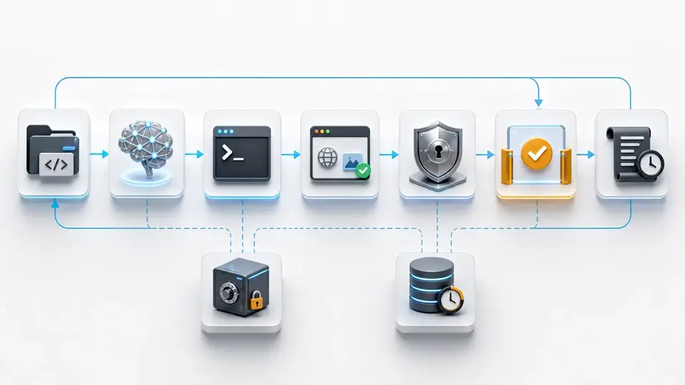Reviewable coding-agent workflow moving from repository inspection through tests and browser checks to an approval gate and evidence ledger