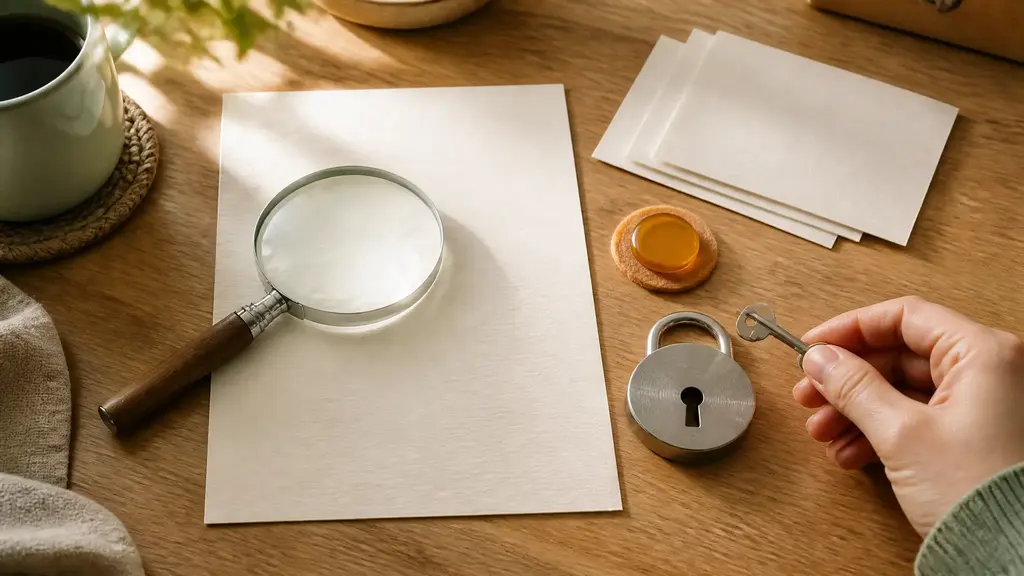 A household bill sits beneath a magnifier beside a due-date calendar tile, anomaly marker and locked payment token.