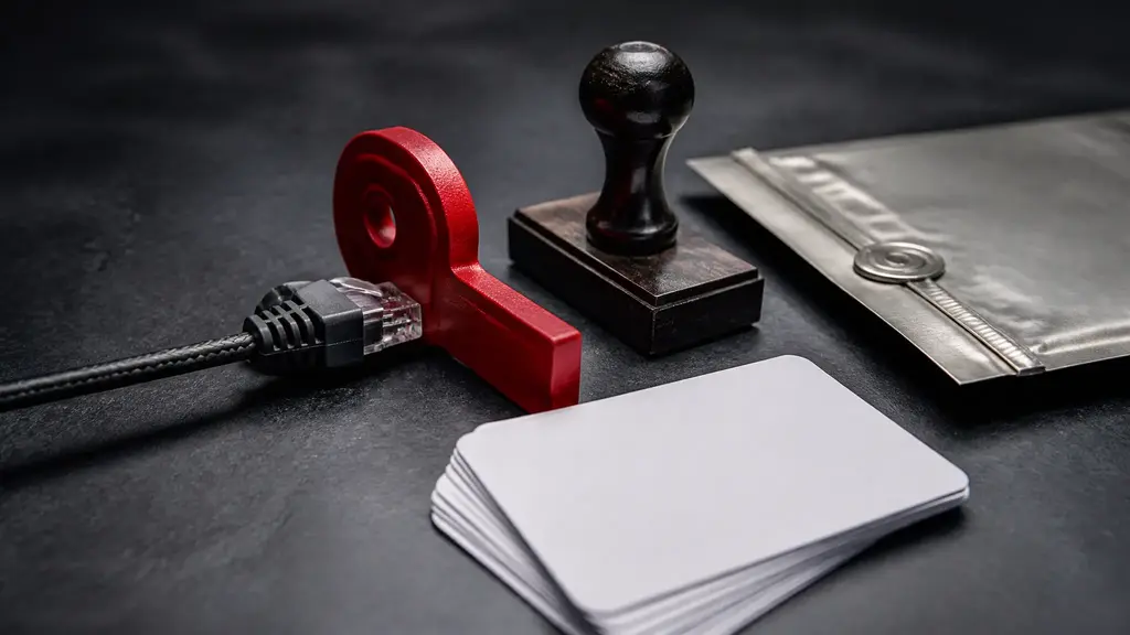 A red stop key blocks a miniature network cable from reaching a row of identity cards and an open-source package.