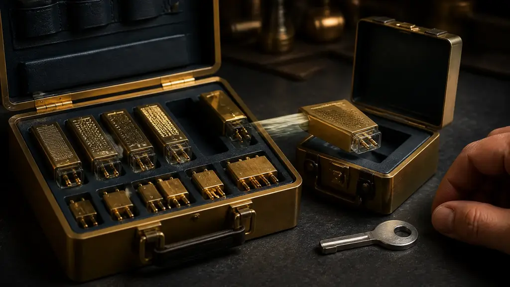 A modular brass tool case opens to reveal interchangeable agent workflow cartridges beside an approval key.